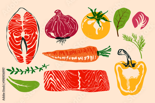 Fresh products set. Healthy food ingredients, natural organic vegetables, greens and salmon fish, organic cooking diet concept. Vector isolated collection