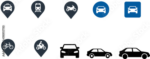 Transportation icon set, taxi train motorcycle bicycle car vector, location pin symbols, travel mobility artwork, black silhouette design, modern UI graphics