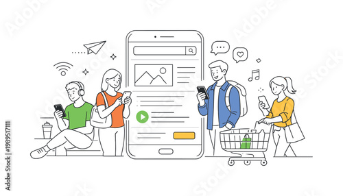 Individuals browsing websites and accessing information on smartphones during everyday activities in a connected digital lifestyle, illustrated through a clear metaphor