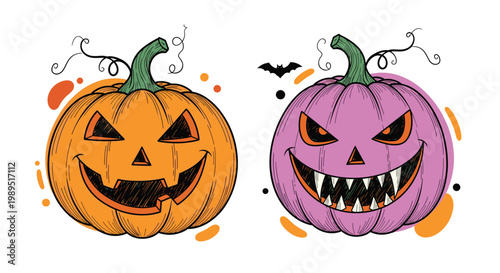 Detailed hand drawn illustrations of traditional orange and purple carved Halloween pumpkins with spooky smiling faces.