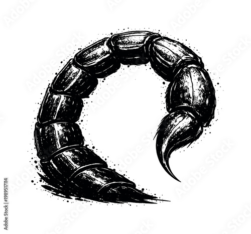 A detailed scorpion tail with stinger shown in a tight curved three-quarter view, enlarged to fill the frame as a segmented organic form on a pure white background, the