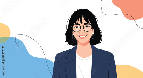 Professional woman with short black hair and glasses smiling confidently in front of a colorful abstract background.