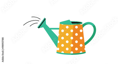 Vibrant yellow watering can with white polka dots and a green handle being used to sprinkle water on an imaginary garden.