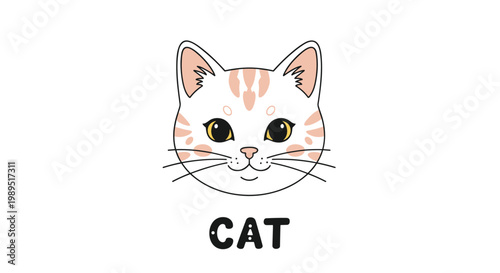 Simple flat illustration of a white cat face with pink stripes and the word CAT written in bold black letters below it.