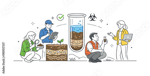 An environmental science context where specialists examine soil samples to assess nutrients and contamination levels, illustrated by a small group gathered near a simple