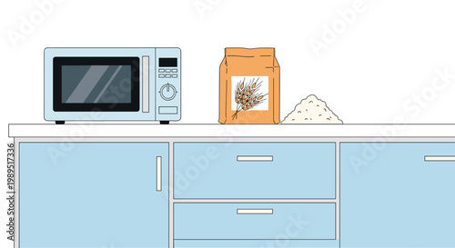 Modern kitchen counter with a blue microwave oven, a paper bag of wheat flour, and a small pile of white flour for baking.