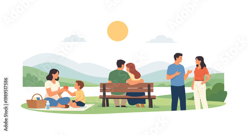 Calm natural environment scenario where a serene outdoor landscape provides a peaceful backdrop for relaxation and everyday life moments, symbolized by soft rolling hills