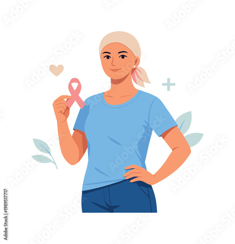 An individual showing strength and resilience during a health journey, illustrated by a person holding a minimal ribbon while standing upright with calm posture,