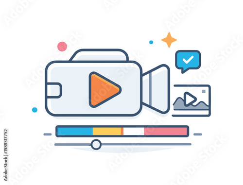 Video production and content creation in a modern media environment highlighting recording and editing processes, a simplified camera icon combined with a small play
