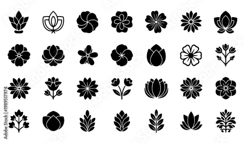 Abstract floral silhouette icon vector set with botanical flower shapes in modern black minimal design collection