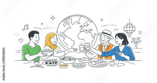 Community cultural diversity in an urban environment where people celebrate and share traditions together, visualized through a central globe and a shared meal table as
