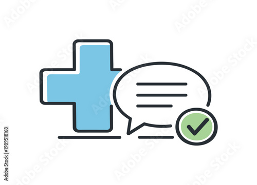 Patient care system supporting coordinated healthcare services and communication between providers and patients, a hospital cross combined with a speech bubble and a