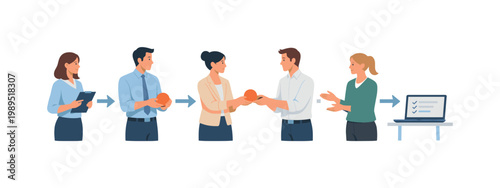 A team working together through a structured process to complete a project, coordinating tasks and communicating effectively in a professional environment, visual