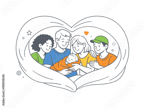 New parents bonding and support scenario showing adults building emotional connection with a newborn while supporting each other through early stages of parenthood, using