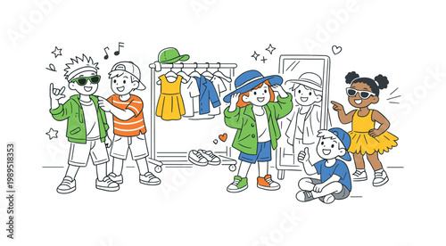 Kids fashion playful lifestyle scene showing children trying on and expressing personal style in a bright and friendly environment while interacting naturally, using a