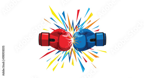 Colorful illustration of red and blue boxing gloves colliding with dynamic lines radiating from the impact in a graphic design.