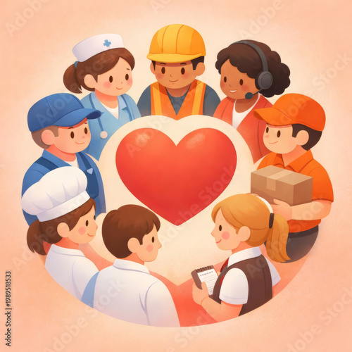 Community Workers Supporting Each Other Around Heart, Service and Care Illustration