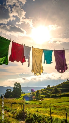 Colorful Laundry Hanging On A Clothesline To In A Scenic Rural Landscape At Sunset With Bright Sun Flare And Green Hills