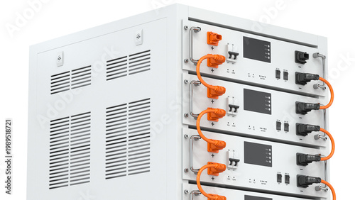 3D render of a lithium battery energy storage system (BESS) in a rack. Industrial unit for renewable energy, smart grids, and backup power isolated on a white background