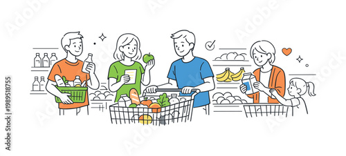 Grocery shopping everyday routine scene showing a small group of people selecting products and managing purchases in a modern store environment, using a shopping cart and