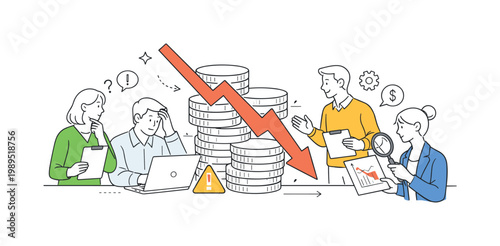 Business team analyzing declining revenue and addressing financial challenges within a company environment, represented through a metaphor of a downward arrow passing