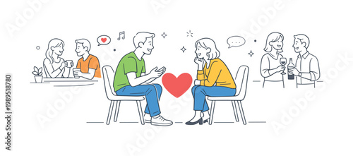 Dating modern relationship scene showing two individuals meeting and getting to know each other in a comfortable social setting while building connection, using a simple