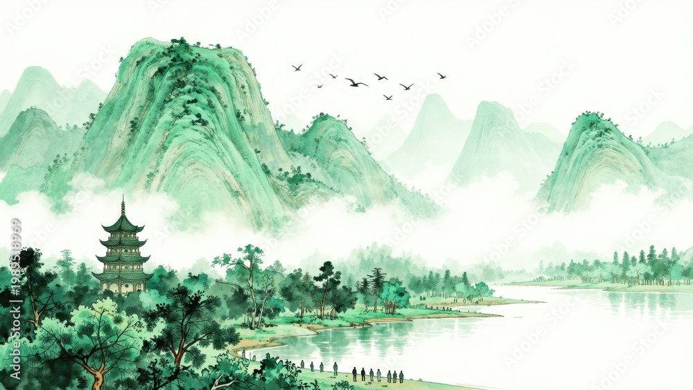 Fototapeta premium Traditional Pagoda Nestled among Misty Green Mountains and River