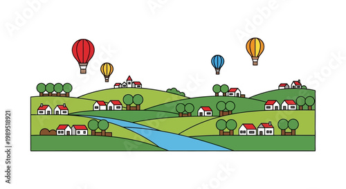 A colorful illustration of a rolling landscape with hot air balloons