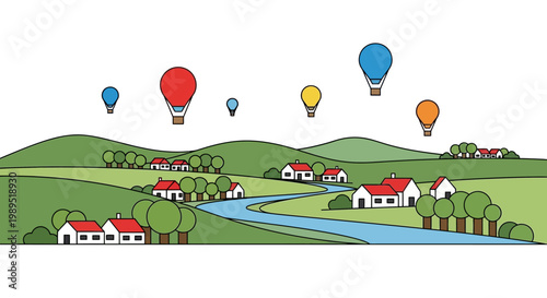 Colorful hot air balloons float over a peaceful countryside landscape