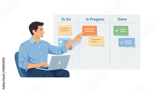 A professional maintaining organized task tracking in a digital workspace, seated with a laptop while interacting with a simple kanban-style board panel beside it,