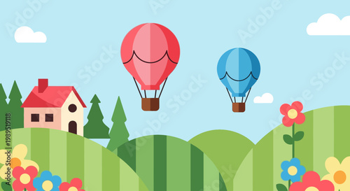 Colorful hot air balloons float over a whimsical landscape with a house