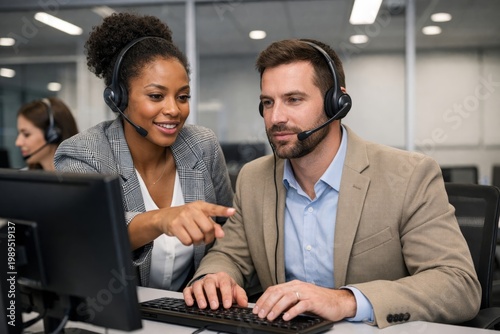 Team collaboration in customer support office environment concept.. Ai generative