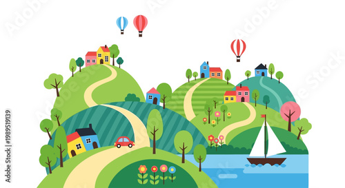 Whimsical landscape featuring colorful houses hot air balloons and a sailboat