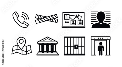 Police operations: emergency call phone, crime scene tape, investigation board, suspect profile, map location pin, courthouse building, jail bars, security checkpoint.
