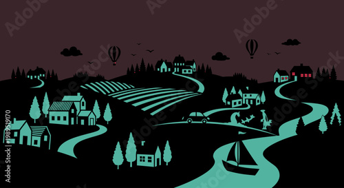 Stylized landscape featuring houses rolling hills and hot air balloons