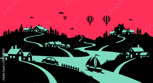 Stylized landscape featuring houses hot air balloons a boat and winding roads