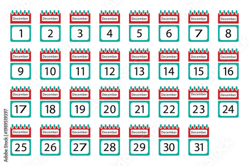 December Month Calendar Daily Icon Set from 1 to 31 in Flat Design.