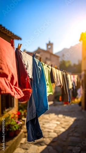 Colorful Laundry Hanging On Clothesline In Sunny Mediterranean Village Narrow Cobblestone Street With Golden Hour Sunlight