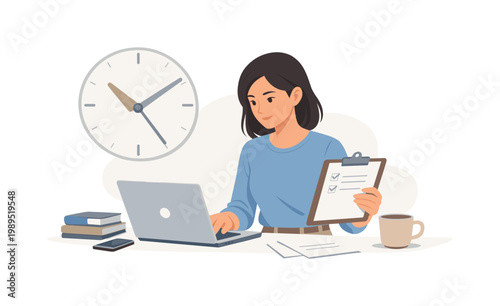 An individual balancing multiple assignments while working from home in a calm setting, illustrated by a person interacting with a laptop beside a minimal clock element,