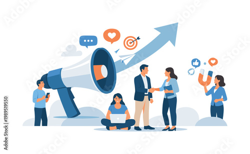 Brand promotion and audience engagement theme where a company shares messages and campaigns to attract attention and build recognition in competitive markets, represented