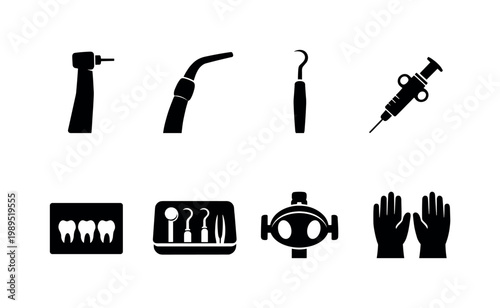 Dentist clinic tools: dental drill, suction tool, scaler hook, syringe, x-ray film, tray instruments, overhead lamp, gloves.