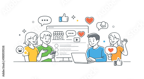 Customer engagement and social interaction in an online environment where users communicate with brands and communities, illustrated by a digital interface combined with