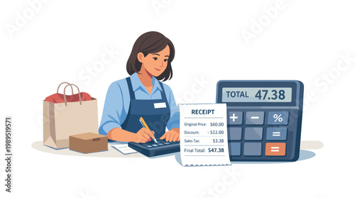 A retail pricing scenario where an employee determines final product cost including discounts and taxes, illustrating everyday financial operations and transparent