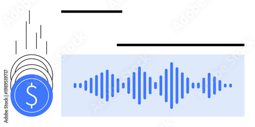 Digital finance concept. Coins and soundwave financial transactions and modern audio technology. Digital finance connects monetary systems with innovative sound design. For technology, fintech