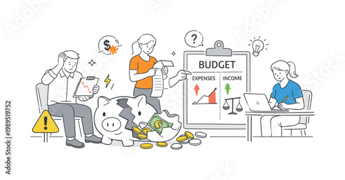 Person monitoring unexpected expenses and budget imbalance in a daily financial management context, visualized with a metaphor of a broken piggy bank with coins scattered