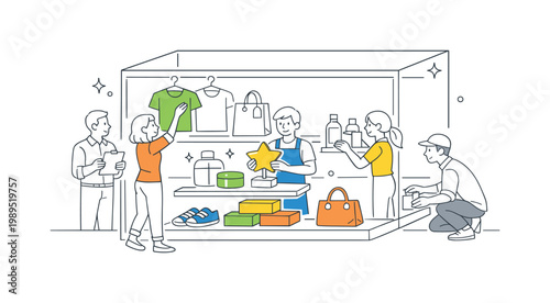 Retail team organizing and presenting products in a storefront using glass display cases to attract customers and highlight key items, represented through a metaphor of a