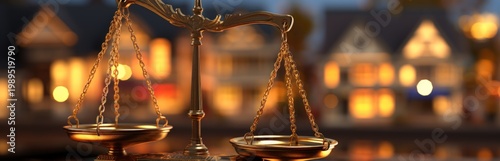 Gleaming gold scales of justice stand illuminated against a softly blurred city at night