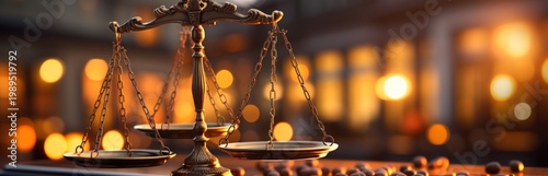 Ornate gold balance scale and scattered beans against a background of warm bokeh lights