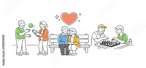 Elder activities lifestyle scene showing a small group of seniors engaging in light recreational activities together in a community environment, with a simple bench and a