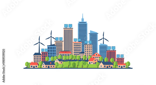 Colorful illustration of a sustainable city landscape with modern buildings